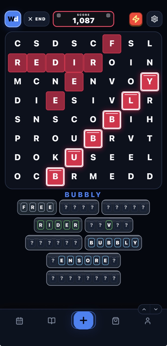 WordDex dark mode word-search board showing found words and collection rows