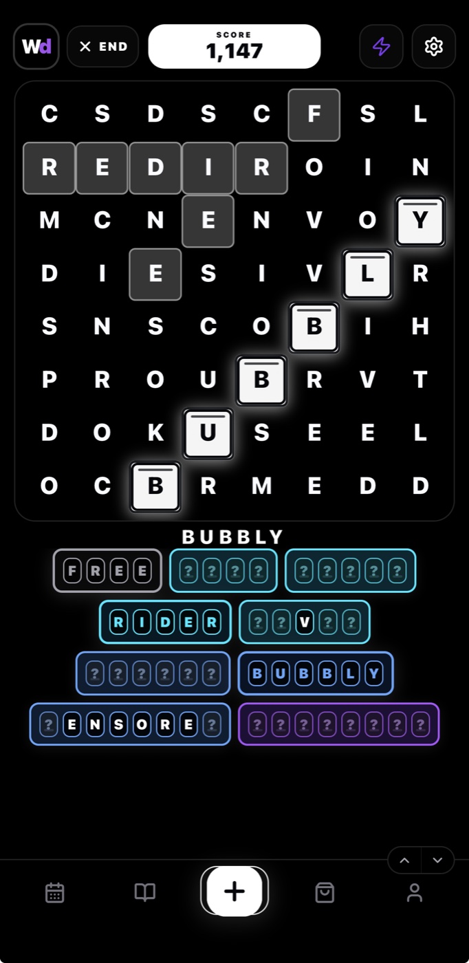 WordDex neon dark gameplay screen